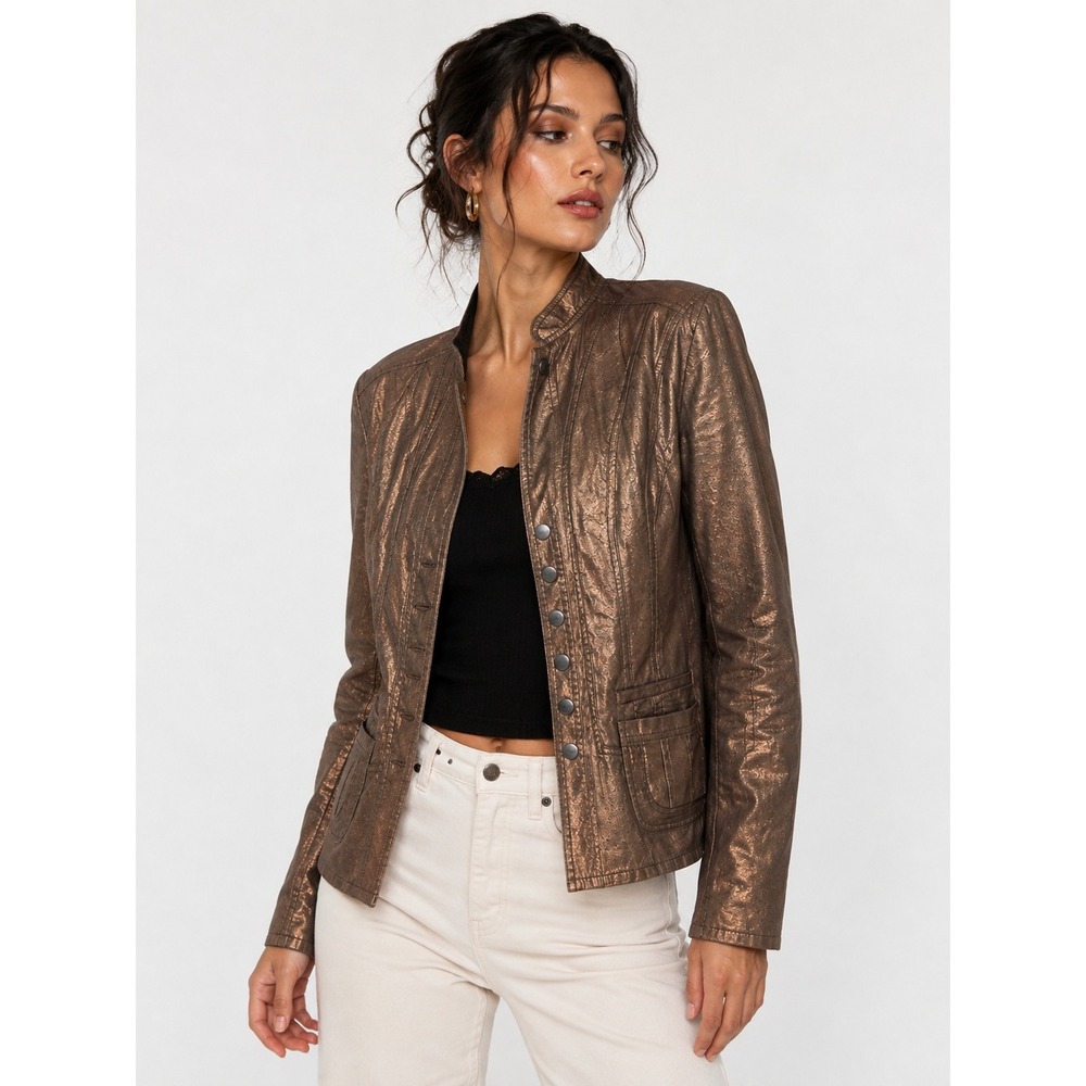 Metallic Bronze Military Utility Jacket Size 12 Cotton Snap Front Structured